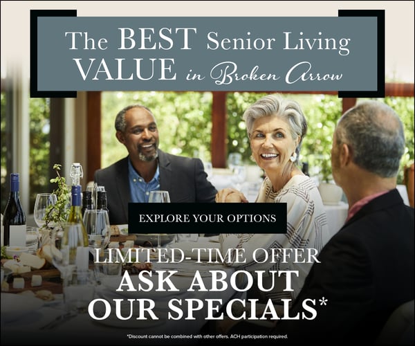 The Best in Senior Living promo with limited time offers featuring seniors sitting around a dining table.