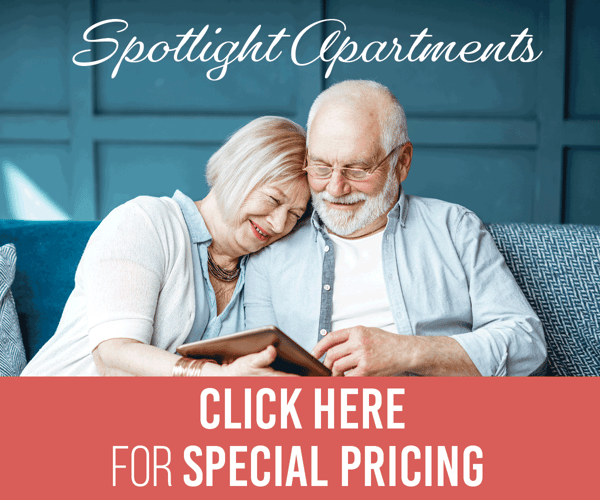 A promotional image for special pricing featuring a senior couple browsing on a tablet.